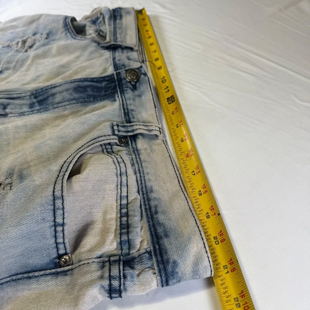 GS-115 Moto Style Blue Denim‎ Jorts Shorts Acid Wash Distressed Men's Size 40X14